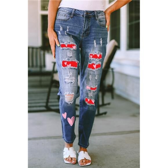 Heart Distressed Jeans with Pockets - Picture 1 of 4